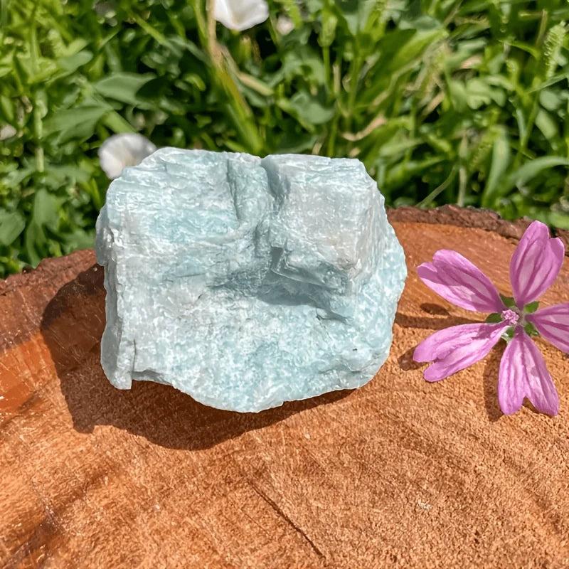 Raw Amazonite crystal with natural blue-green texture for healing, displayed on a rustic wood slice with a pink flower.