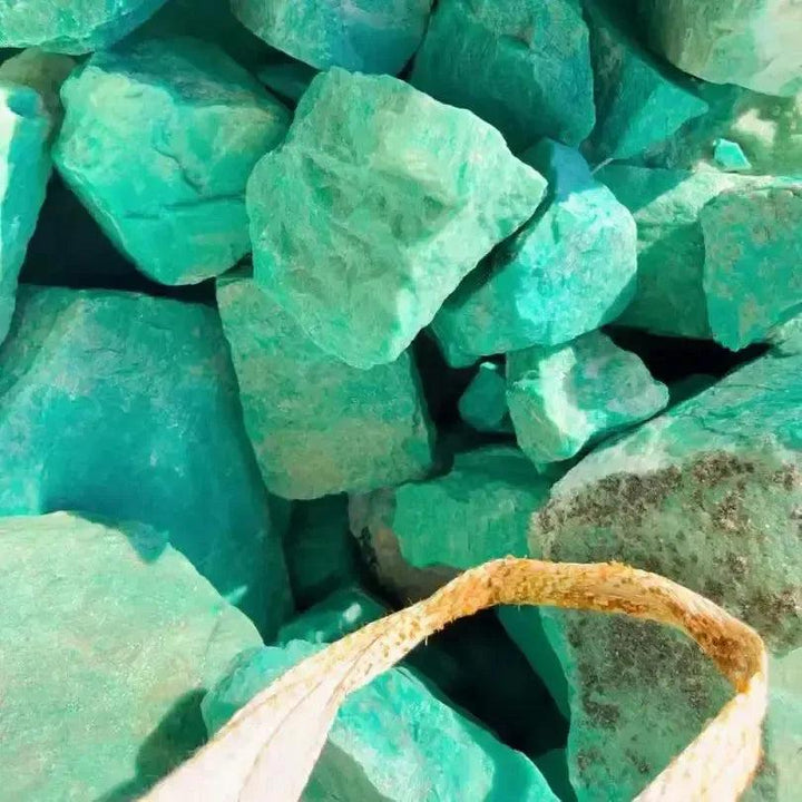 Raw Amazonite crystals from Crystal Destiny, featuring vibrant turquoise-green hues and natural textures for healing.