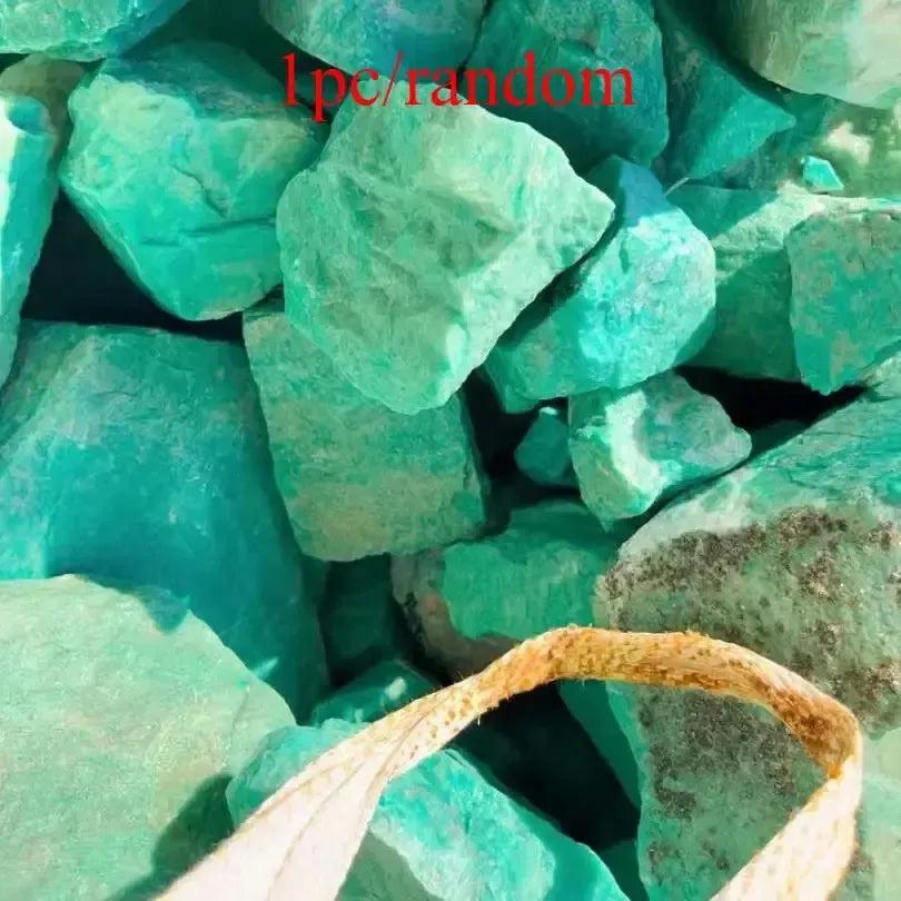 Raw Amazonite crystals from Crystal Destiny, showcasing vibrant turquoise-green hues and natural textures.
