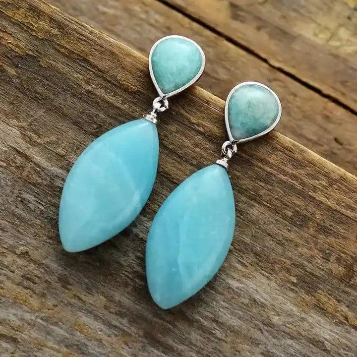 Elegant Amazonite Teardrop Earrings with polished blue-green stones and white streaking, perfect for Throat and Heart Chakras.