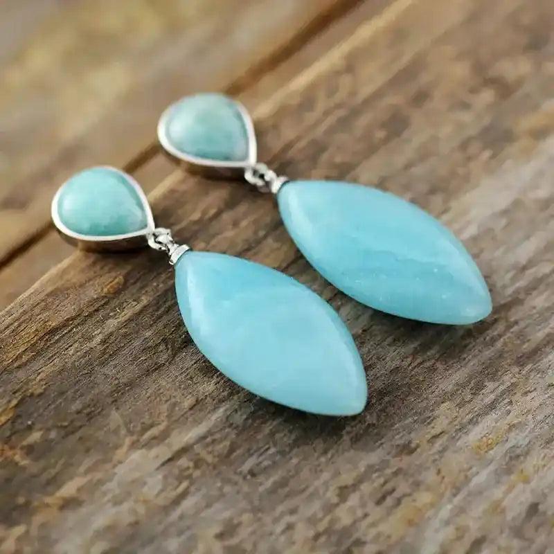 Elegant Amazonite Teardrop Earrings with polished blue-green stones, perfect for Throat and Heart Chakra healing.