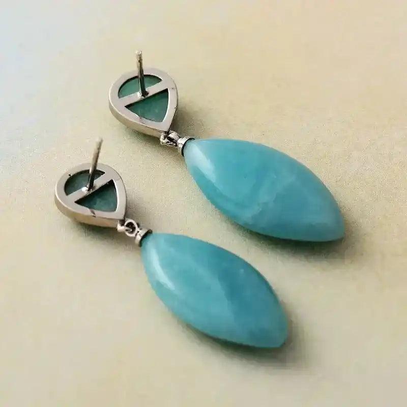 Elegant Amazonite Teardrop Earrings in polished blue-green, perfect for everyday wear and Throat & Heart Chakra healing.