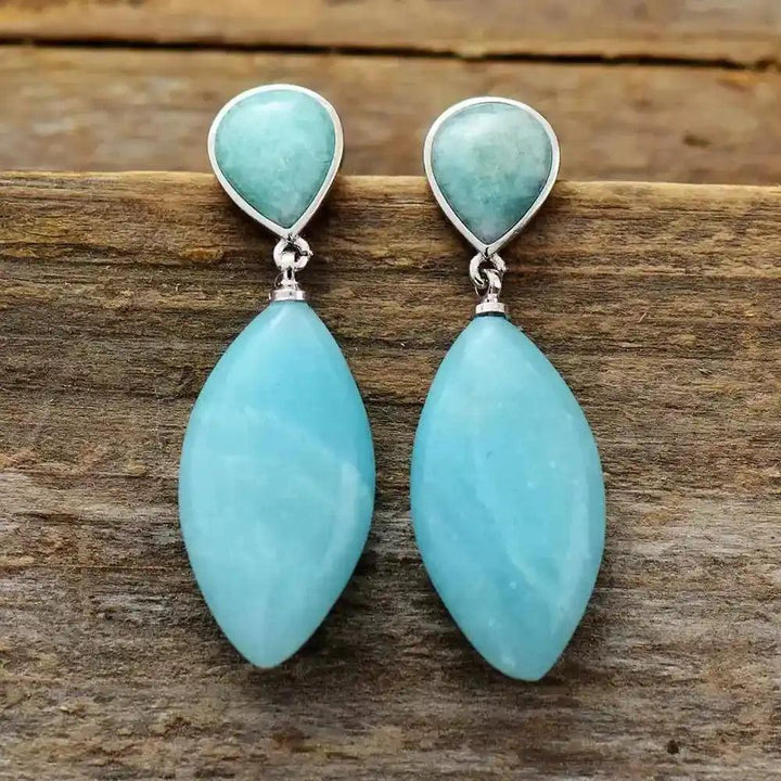 Elegant Amazonite Teardrop Earrings with polished blue-green stones, perfect for Throat and Heart Chakra healing.