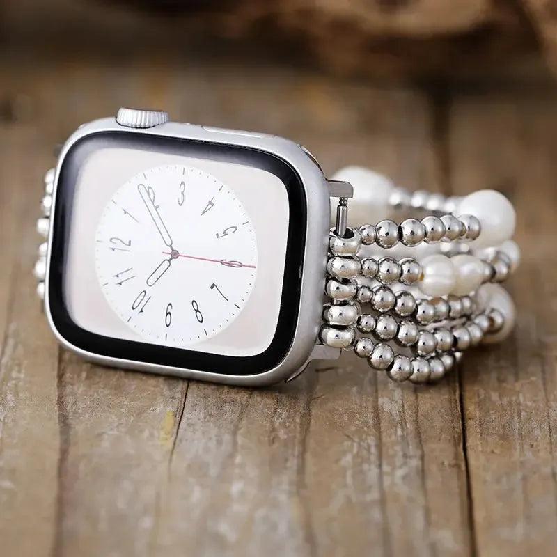Lustrous Pearl Beaded Apple iWatch Band with silver accents, offering timeless elegance and nurturing energy.