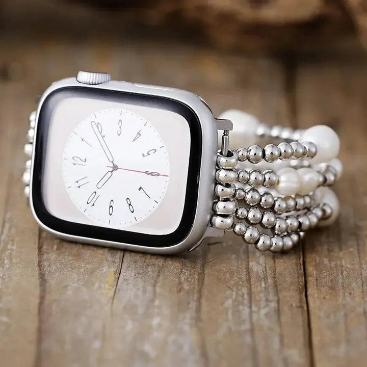 Lustrous Pearl Beaded Apple iWatch Band with silver accents, offering timeless elegance and nurturing energy.