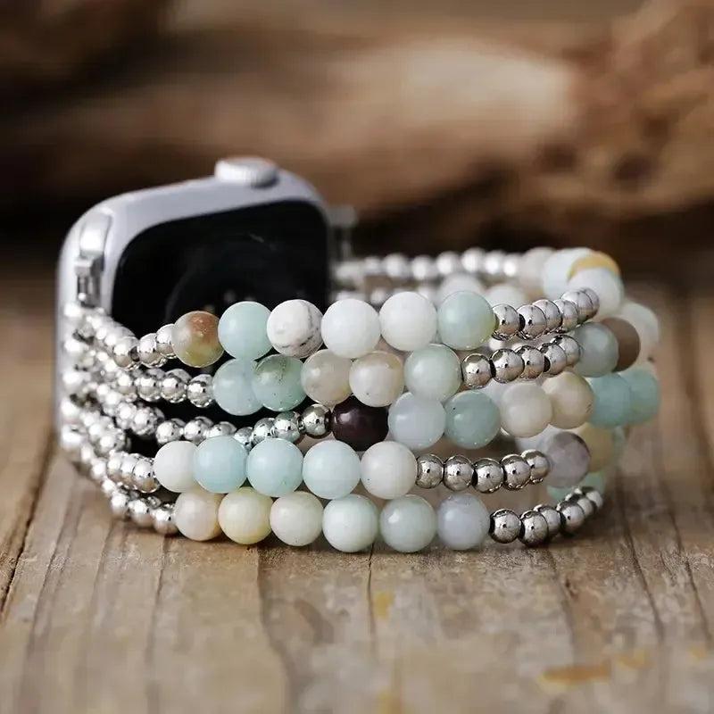 Handcrafted Amazonite Beaded Apple iWatch Band with silver accents, promoting calm and intuition.
