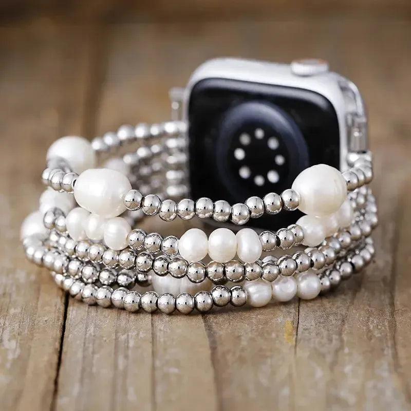 Lustrous Pearl Beaded Apple iWatch Band, transforming tech into sophisticated jewelry with timeless elegance and nurturing energy.