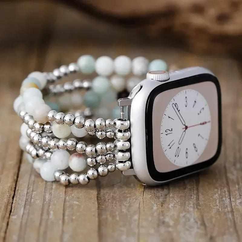 Amazonite or Pearl Crystal Beaded Apple Watch Band Cuff – Crystal