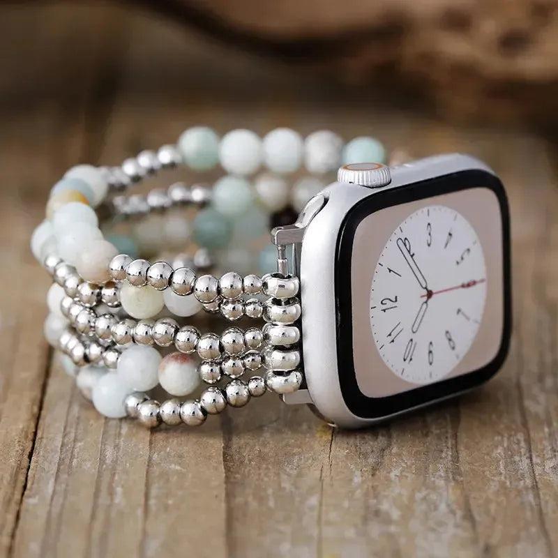 Amazonite Beaded Apple iWatch Band with silver beads, promoting calm and intuition with elegant style.
