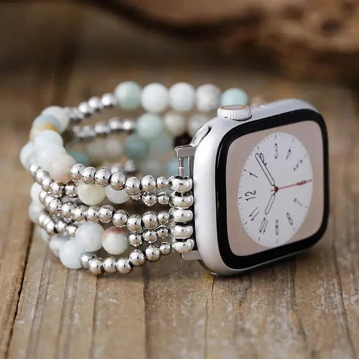 Amazonite Beaded Apple iWatch Band with silver beads, promoting calm and intuition with elegant style.