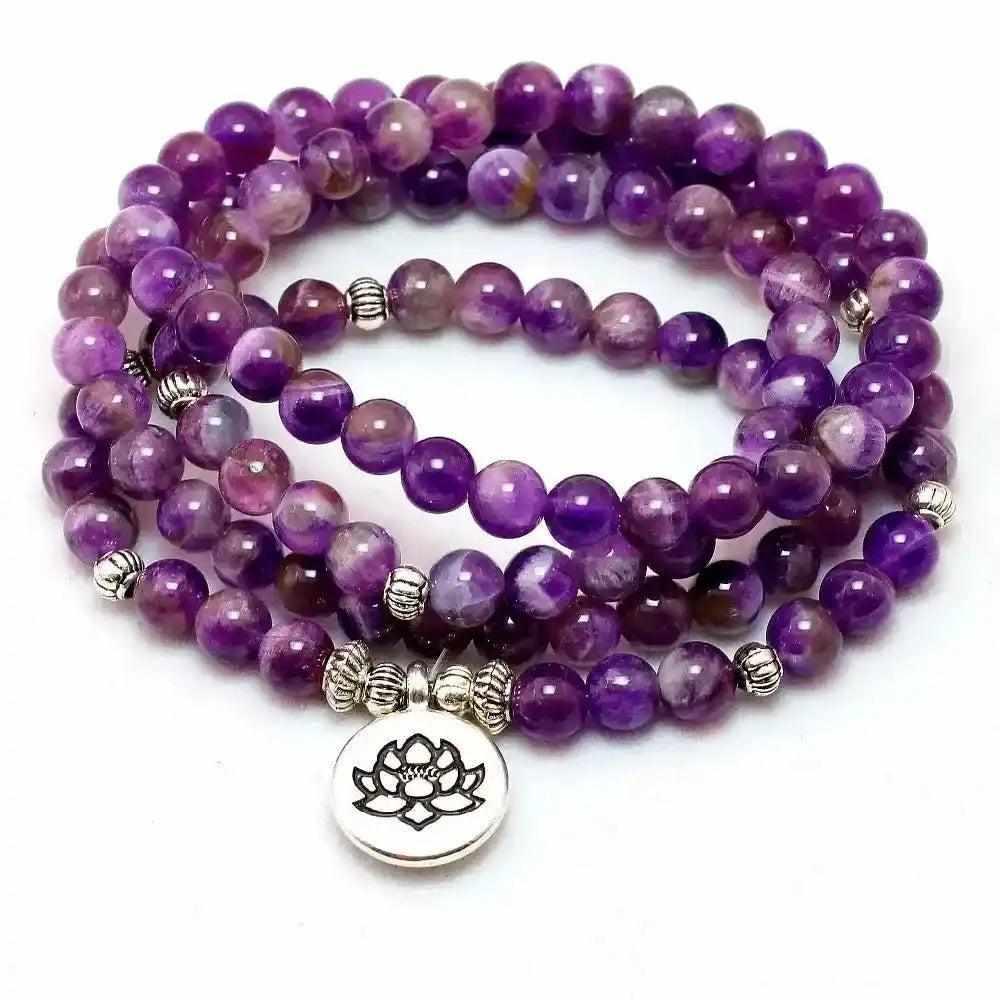 Amethyst 108 Bead Mala Necklace Bracelet with a silver Lotus charm for meditation, calm, and spiritual clarity.