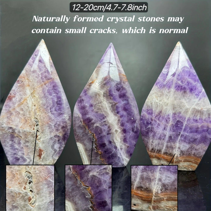 Three natural Amethyst Agate crystal torch freeforms, showing unique violet and white banding with natural cracks.