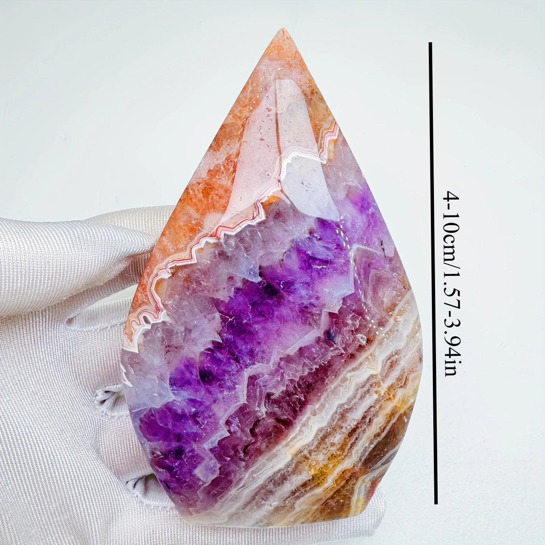 Banded Amethyst Agate crystal torch freeform, showing vibrant violet, white, and orange layers, 4-10cm tall.