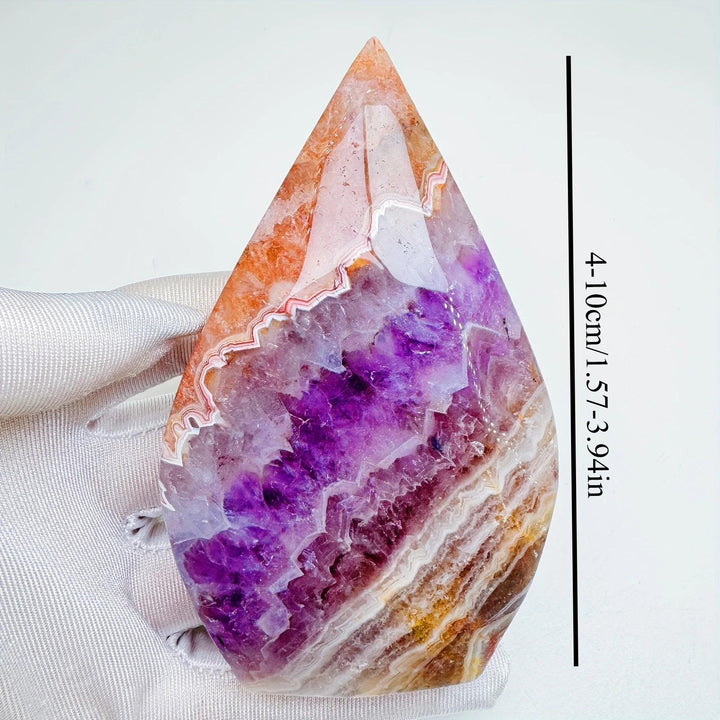 Banded Amethyst Agate crystal torch freeform, showing vibrant violet, white, and orange layers, 4-10cm tall.