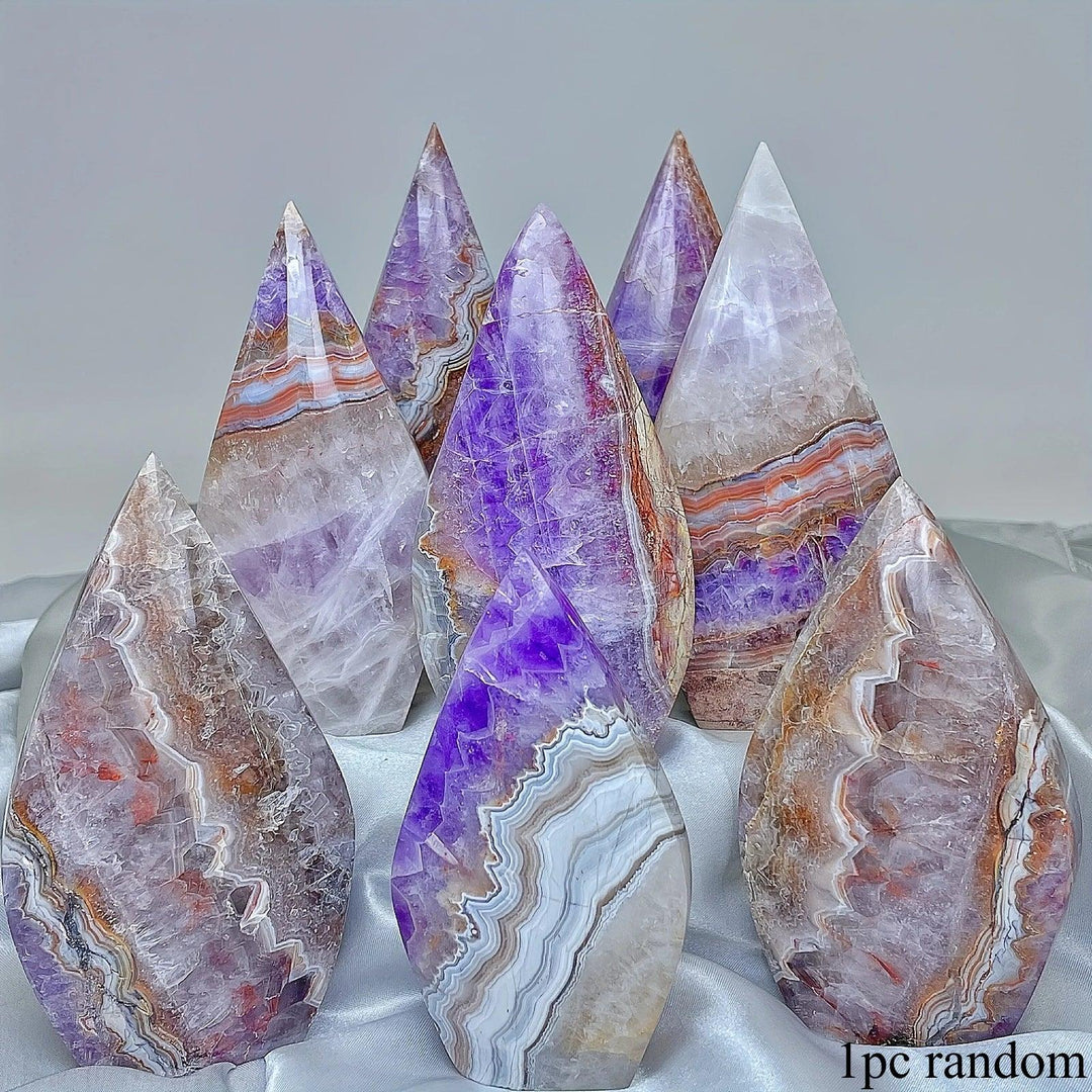 Natural Amethyst Agate Crystal Torch Freeforms with beautiful banded violet and white layers, promoting clarity and calm.