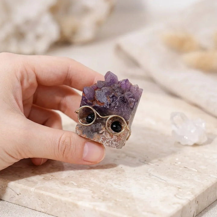Amethyst crystal hedgehog figurine with druzy spines and tiny glasses, perfect for Crown Chakra clarity and desk decor.