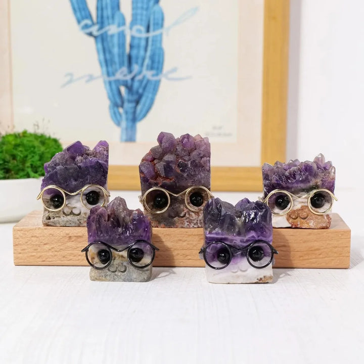 Amethyst crystal hedgehog figurines with druzy spines and tiny glasses, perfect for Crown Chakra clarity and desk decor.