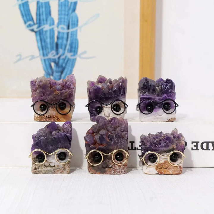 Amethyst crystal hedgehog figurines with druzy spines and tiny glasses, perfect for Crown Chakra clarity and desk decor.