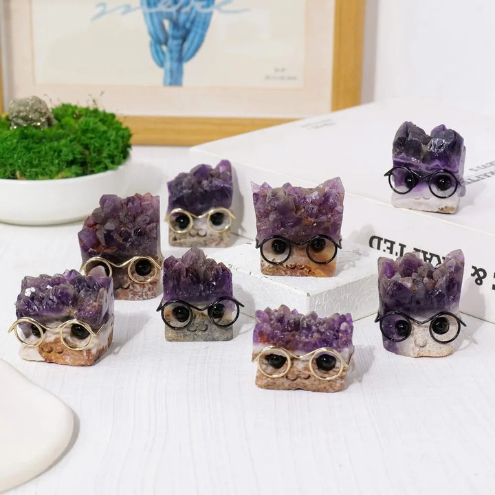 Amethyst crystal hedgehog figurines with druzy spines and tiny glasses, perfect for Crown Chakra clarity and desk decor.