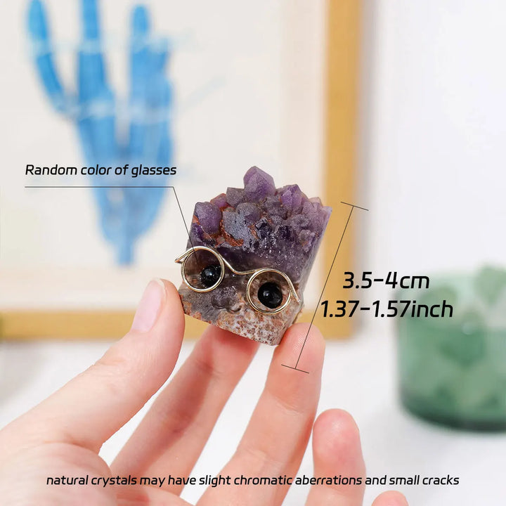 Amethyst crystal hedgehog figurine with druzy spines and glasses, a charming desk companion for clarity and intuition.