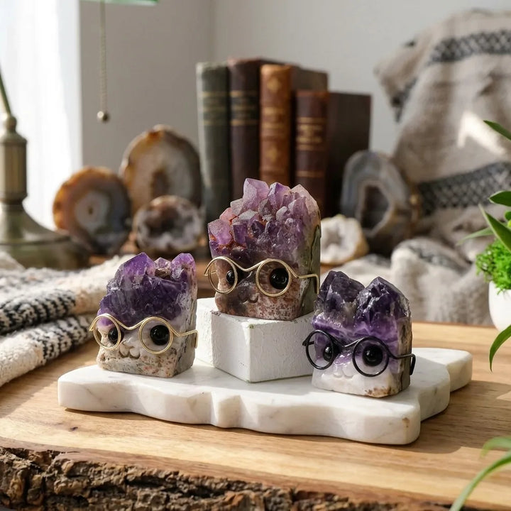 Amethyst crystal hedgehog figurine with druzy spines and tiny glasses for Crown Chakra clarity and desk decor.