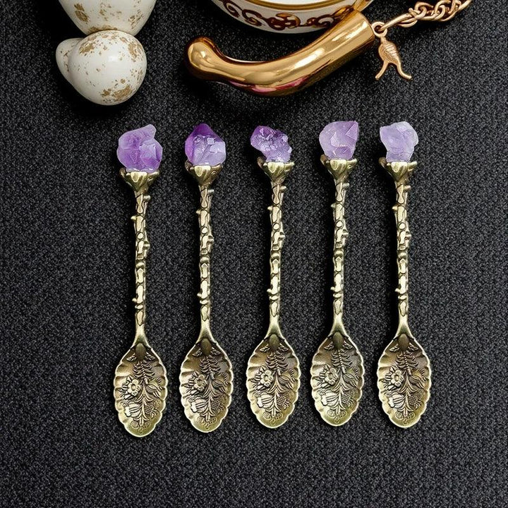 Amethyst Crystal Cluster Decorative Tea Spoons in vintage bronze with raw purple crystals for peace.