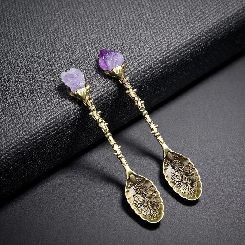 Amethyst Crystal Cluster Decorative Tea Spoons in ornate brass with raw purple crystals for peace and tranquility.