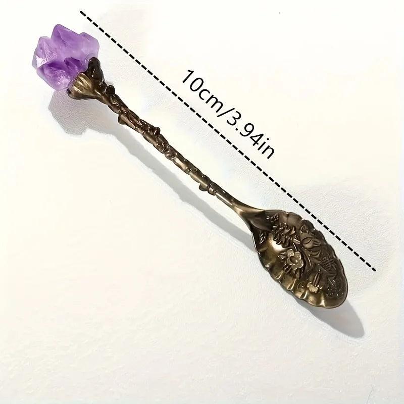 Amethyst Crystal Cluster Decorative Tea Spoon in vintage bronze, measuring 10cm for peaceful tea rituals.
