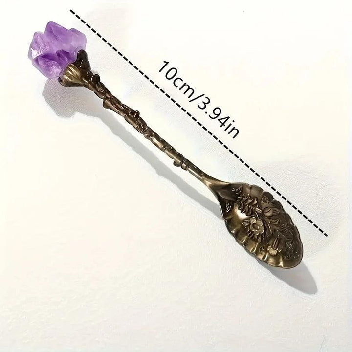 Amethyst Crystal Cluster Decorative Tea Spoon in vintage bronze, measuring 10cm for peaceful tea rituals.
