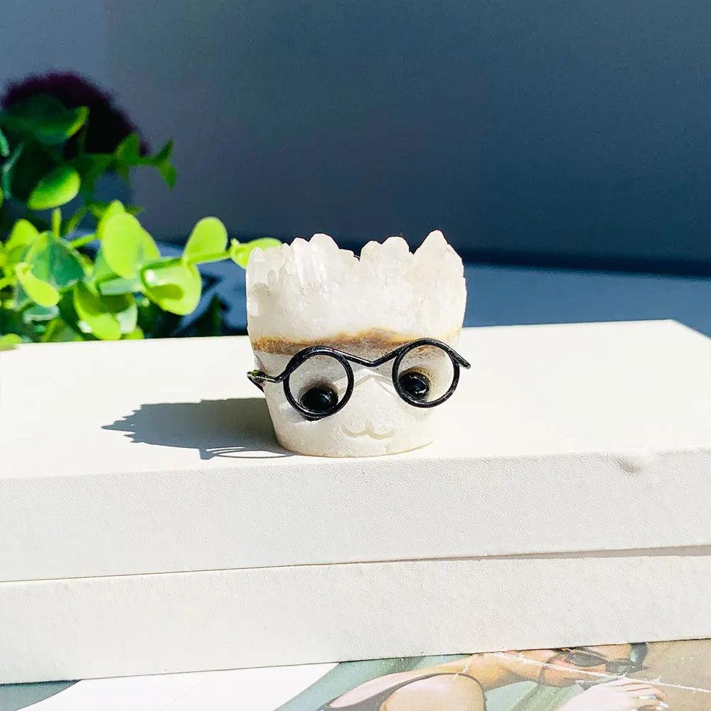 Natural amethyst cluster hedgehog ornament wearing glasses, a charming crystal desk decor piece for positive energy.