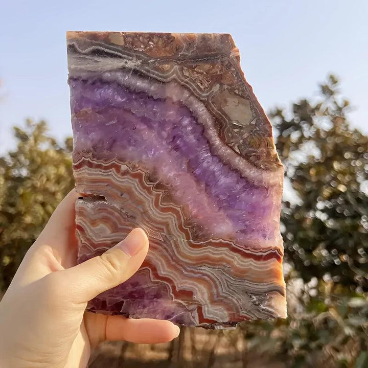 Amethyst Crystal Lace Slice: Natural irregular specimen with shifting purple tones, raw organic edges for peace and growth.