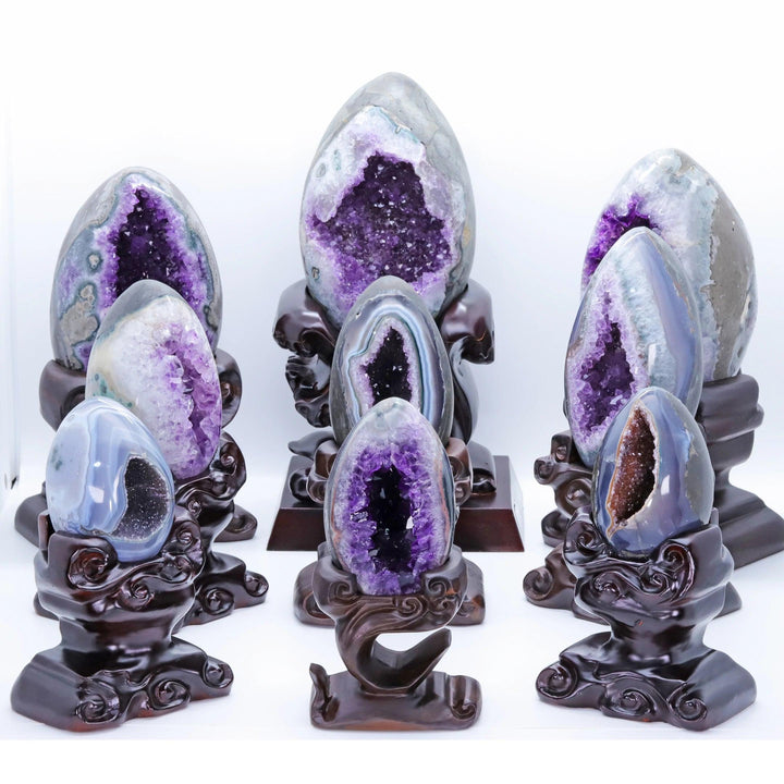 Amethyst Crystal Natural Geode Statement Pieces on Stands. Raw, deep violet geodes for peace and tranquility.