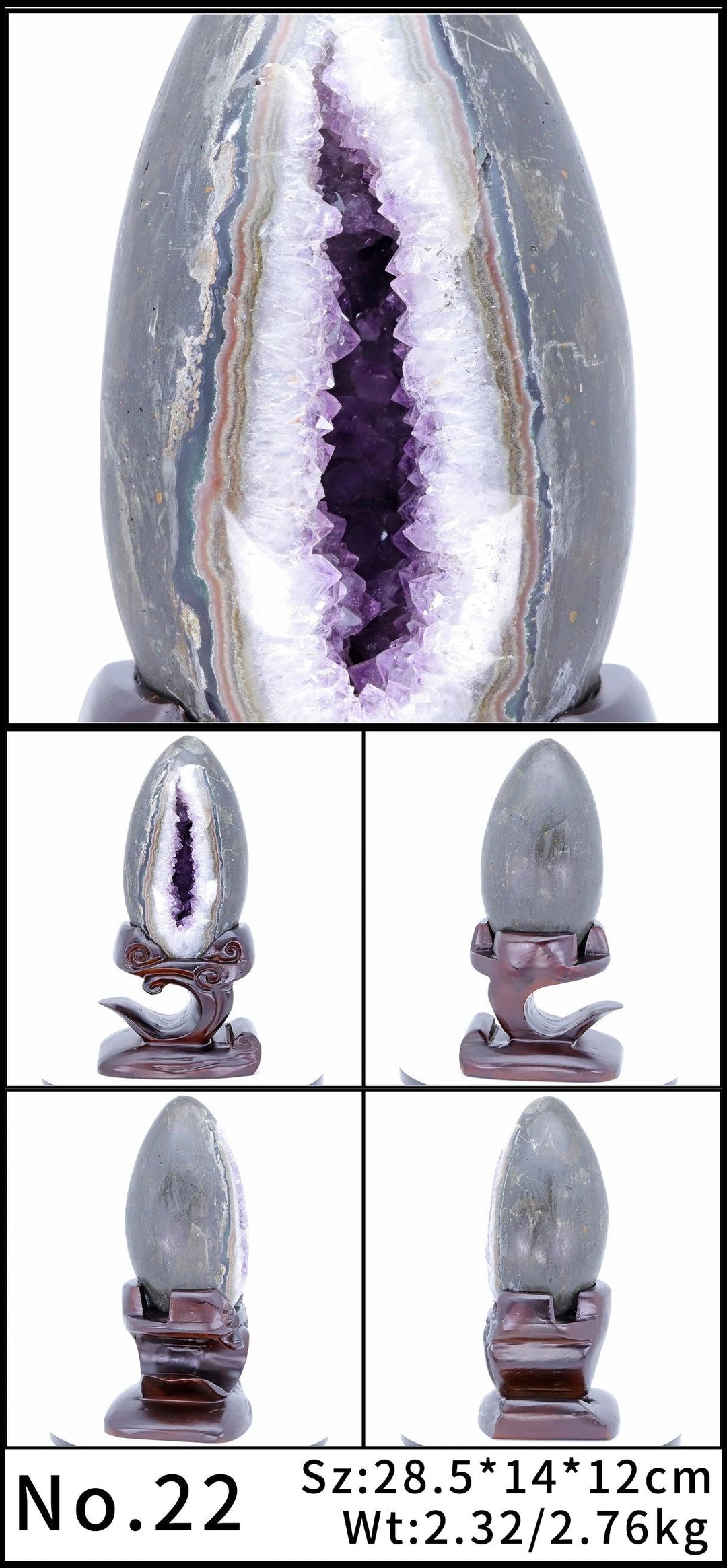 Raw amethyst geode with deep violet crystals on a dark wood stand, promoting peace and tranquility.