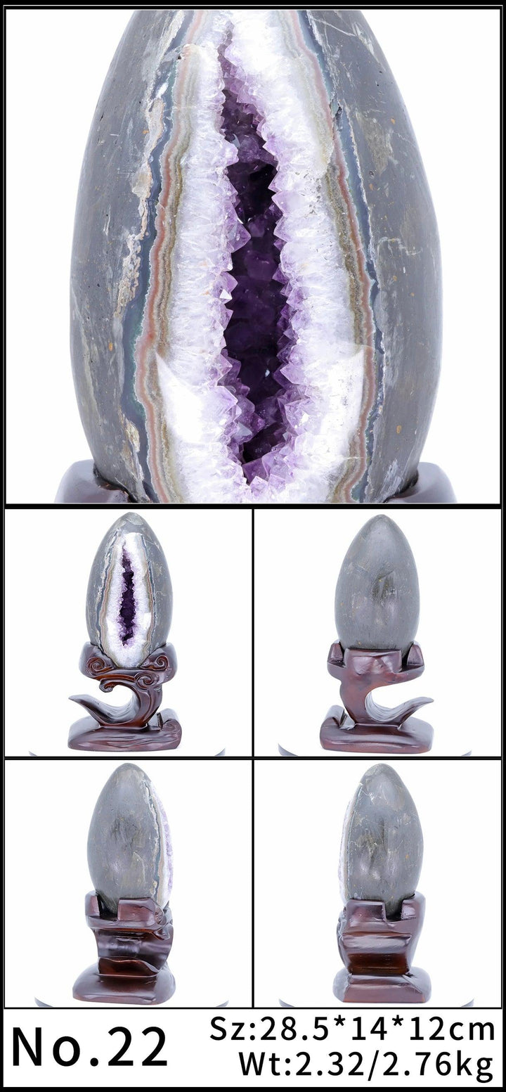 Raw amethyst geode with deep violet crystals on a dark wood stand, promoting peace and tranquility.