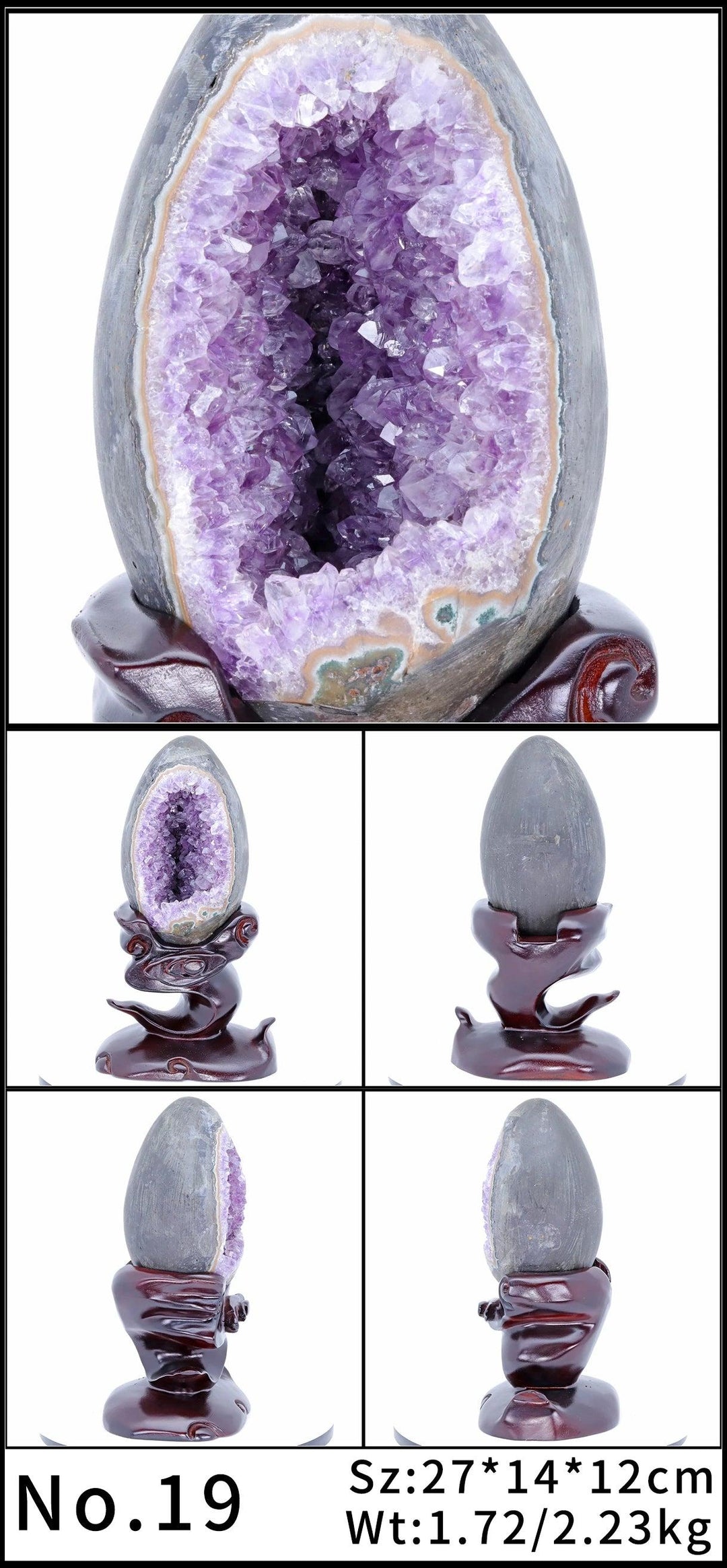 Natural Amethyst Crystal Geode Statement Piece with deep violet crystals on a dark wooden stand.