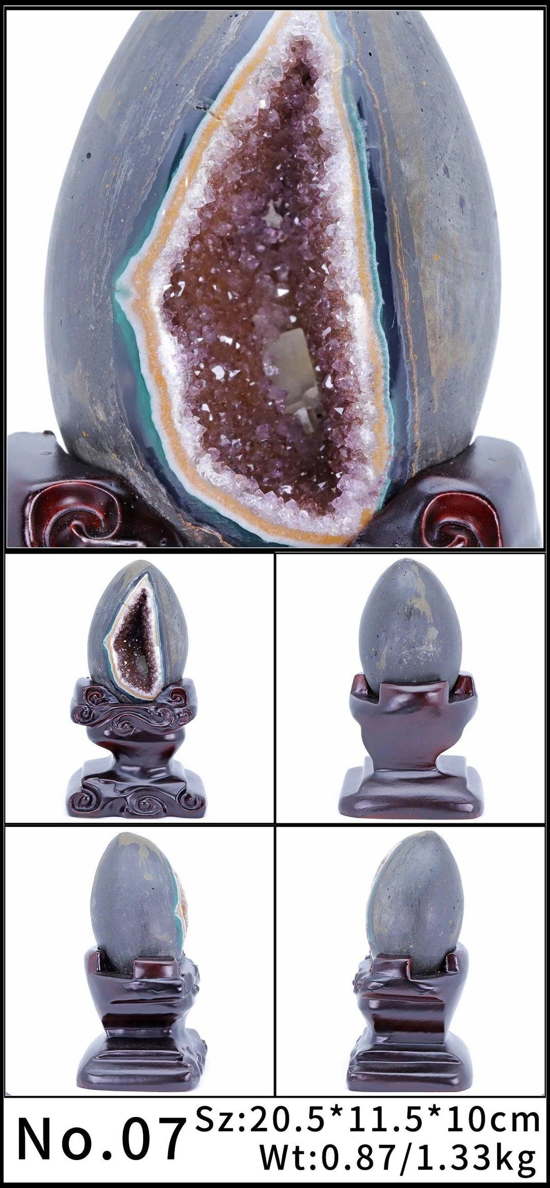 Raw amethyst crystal geode statement piece on a dark wood stand, promoting peace and tranquility.