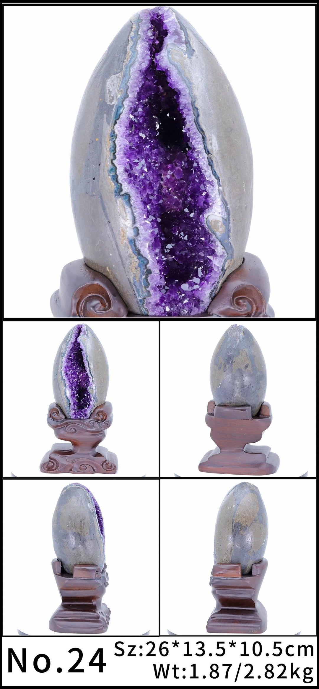 Amethyst Crystal Natural Geode Statement Piece on a stand, showcasing deep violet raw crystals for peace and protection.