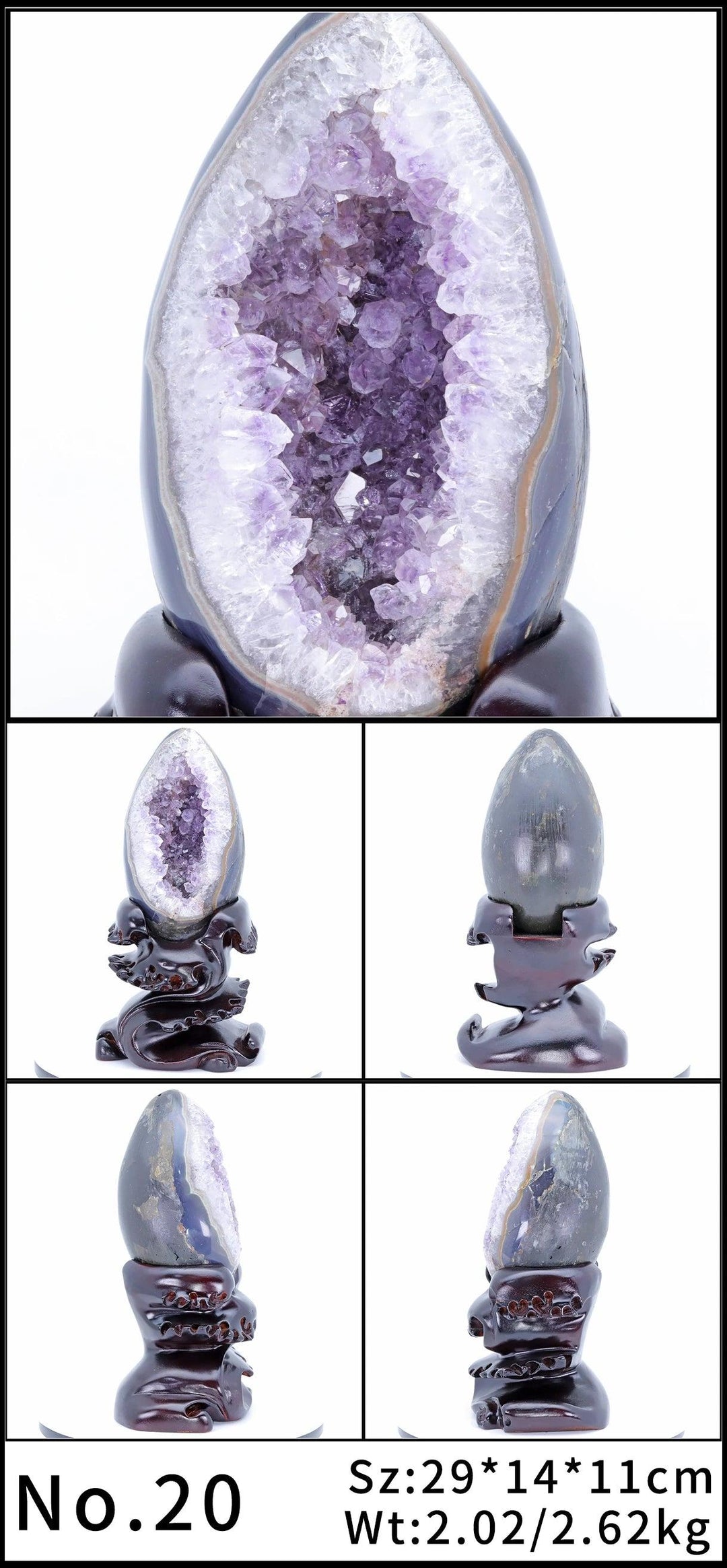 Amethyst Crystal Natural Geode Statement Piece with deep violet crystals on a dark wood stand, promoting peace and relaxation.