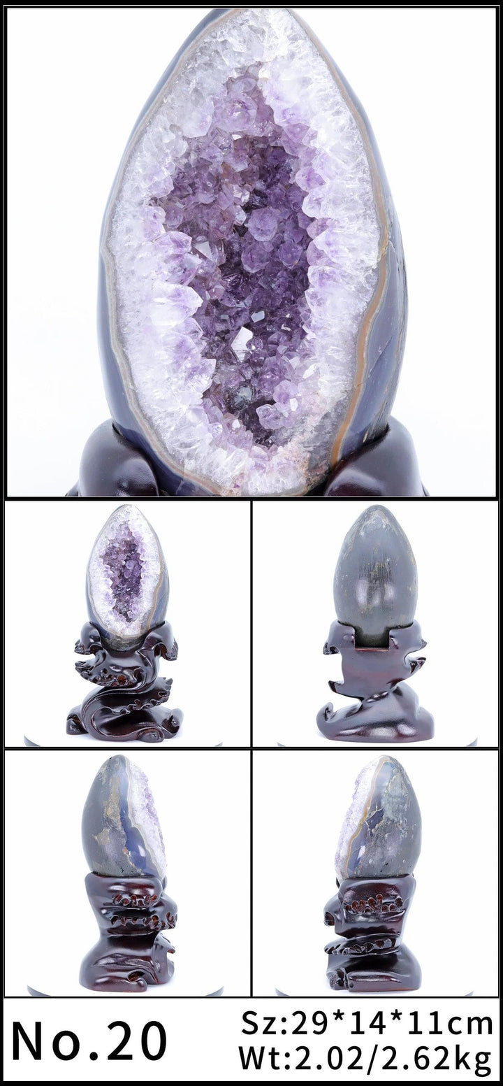Amethyst Crystal Natural Geode Statement Piece with deep violet crystals on a dark wood stand, promoting peace and relaxation.