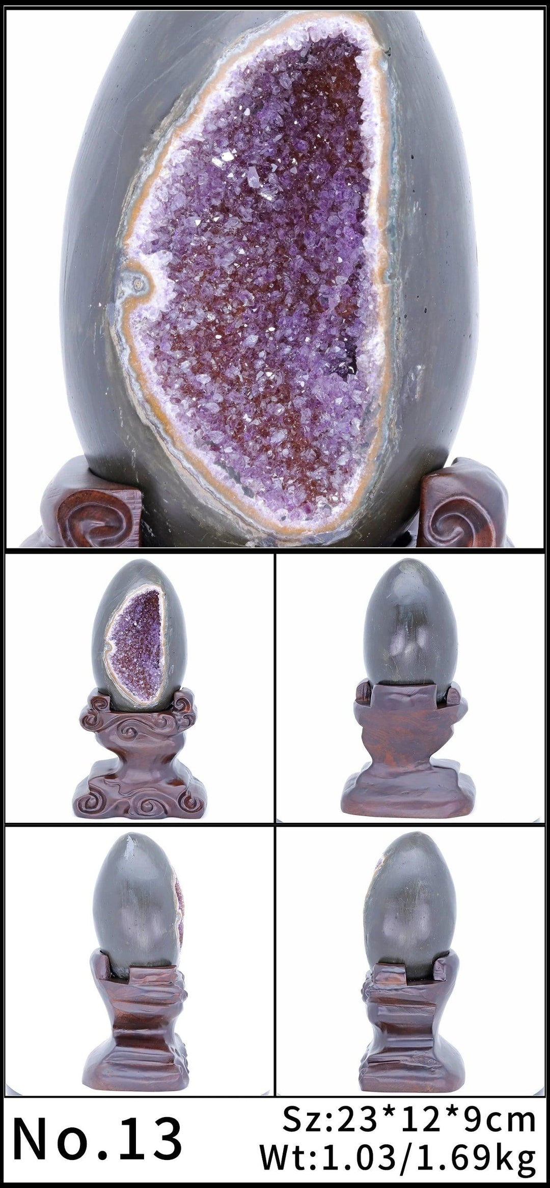 Natural Amethyst Crystal Geode Statement Piece on a stand, showcasing deep violet crystals for peace and protection.
