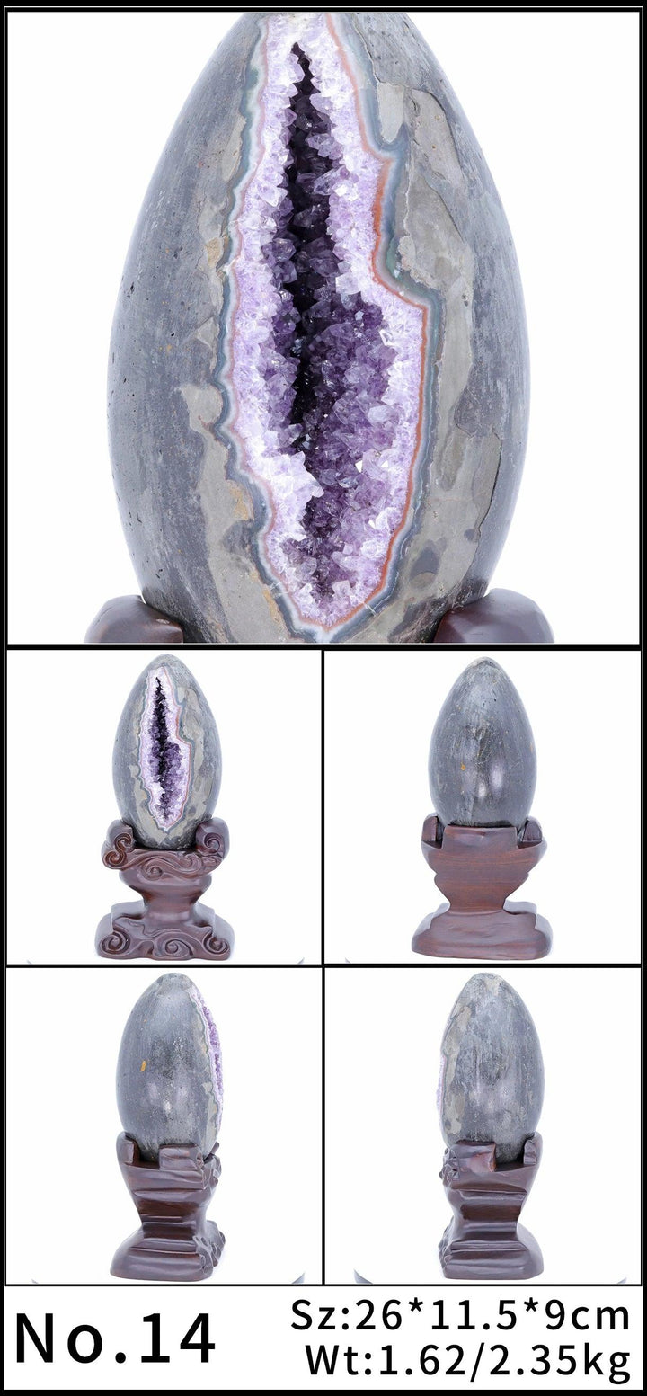 Amethyst Crystal Natural Geode Statement Piece, raw violet crystals in a dark geode on a wooden stand.
