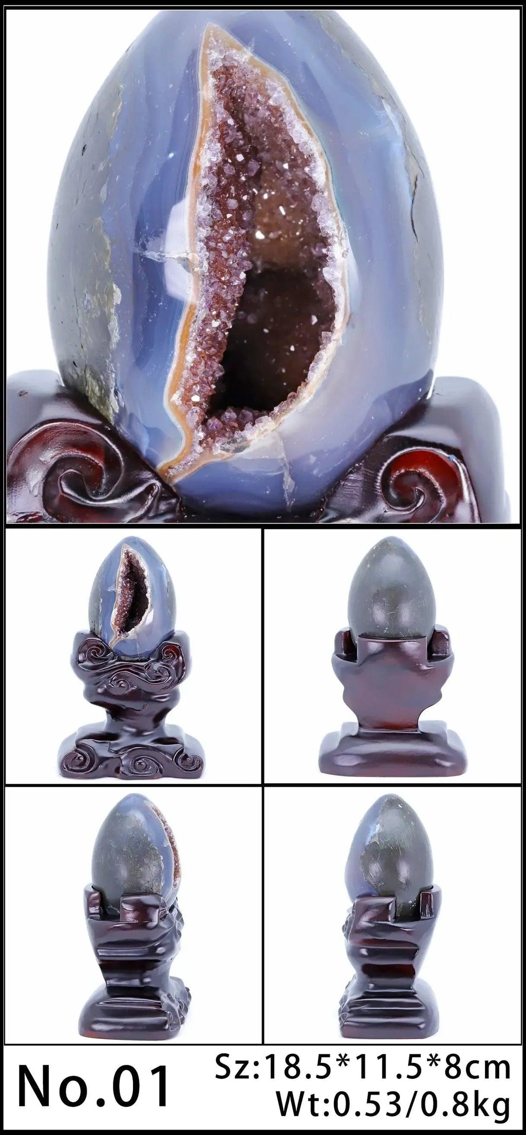 Amethyst Crystal Natural Geode Statement Piece on a dark wooden stand, showcasing deep violet crystals for peace and tranquility.