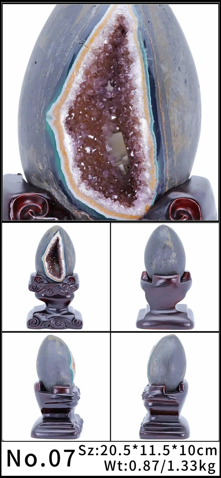 Raw amethyst crystal geode statement piece on a dark wooden stand, radiating peace and tranquility.