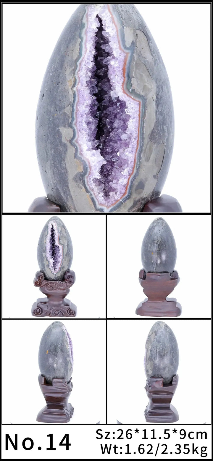 Amethyst Crystal Natural Geode Statement Piece, raw violet crystals in a grey egg-shaped geode on a wooden stand.