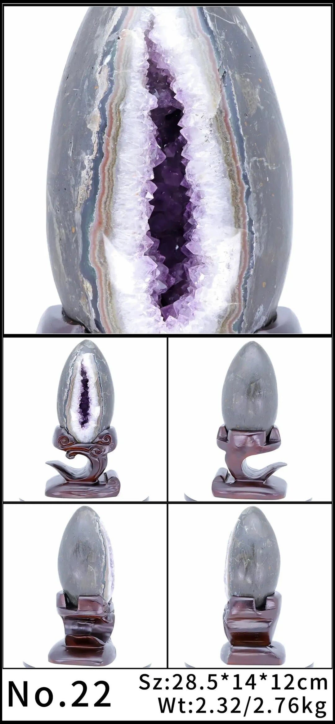 Amethyst Crystal Natural Geode Statement Piece with deep violet crystals and a dark stand, promoting peace and protection.