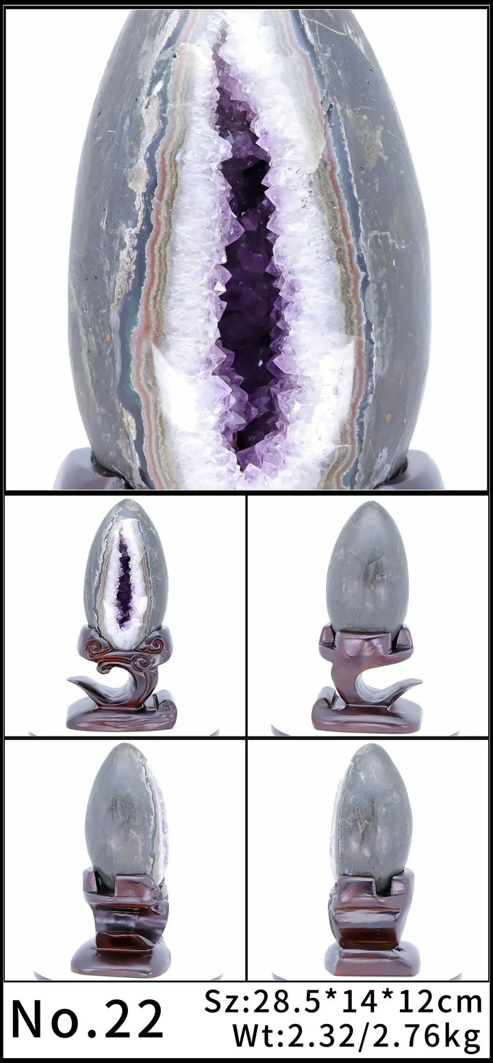 Amethyst Crystal Natural Geode Statement Piece with deep violet crystals and a dark stand, promoting peace and protection.