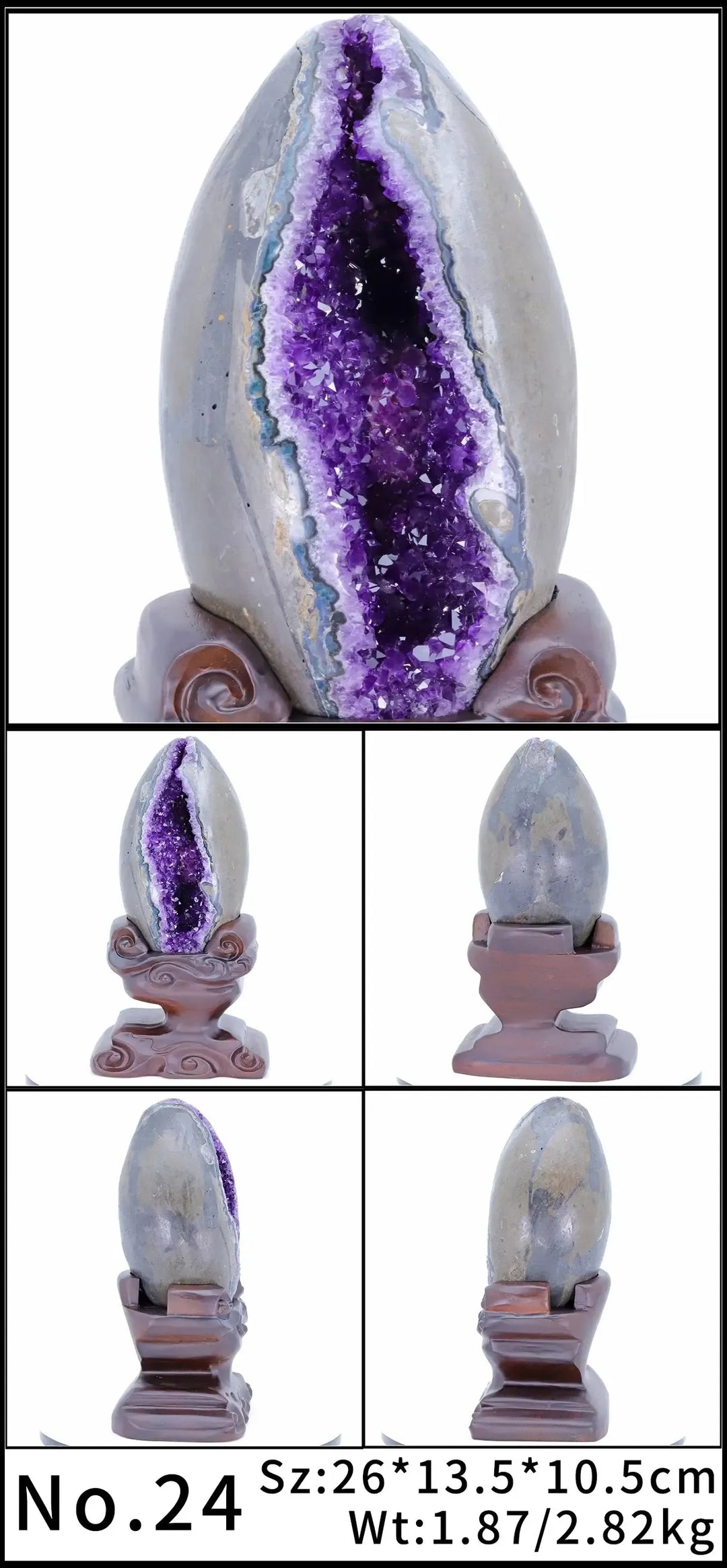 Amethyst Crystal Natural Geode Statement Piece on stand, showcasing deep violet raw crystals for peace and protection.