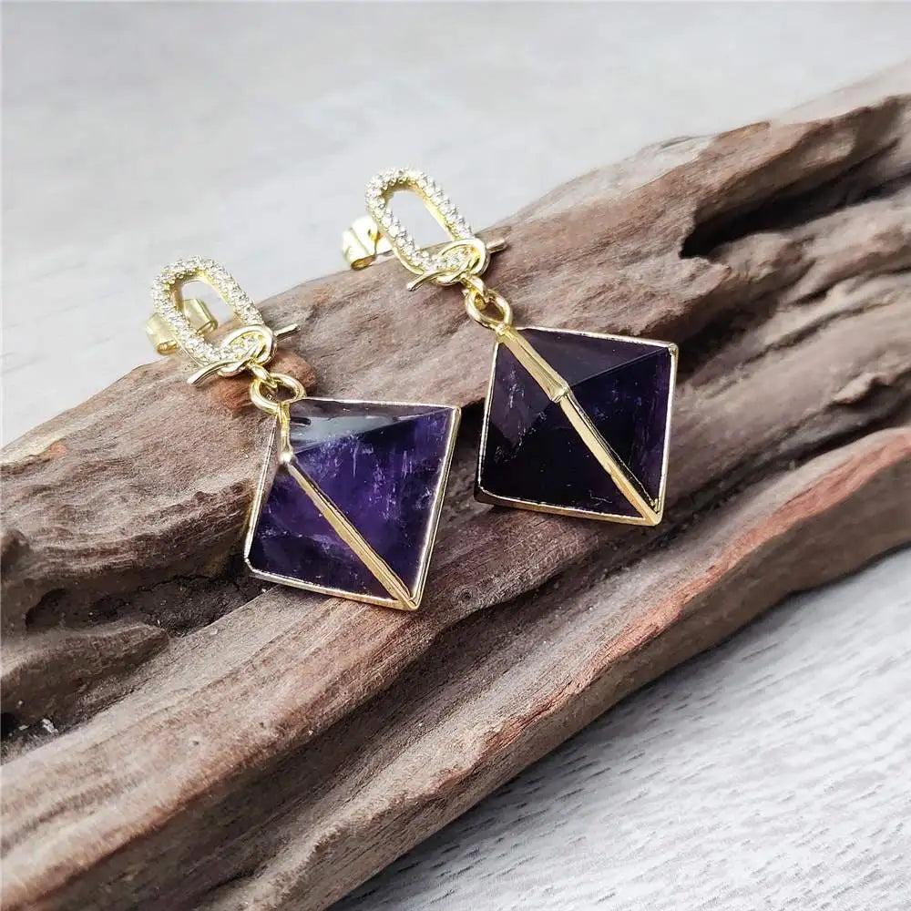 Amethyst Crystal Octahedral Drop Earrings Gold Zircon. Genuine purple amethyst, gold-plated, for peace and intuition.