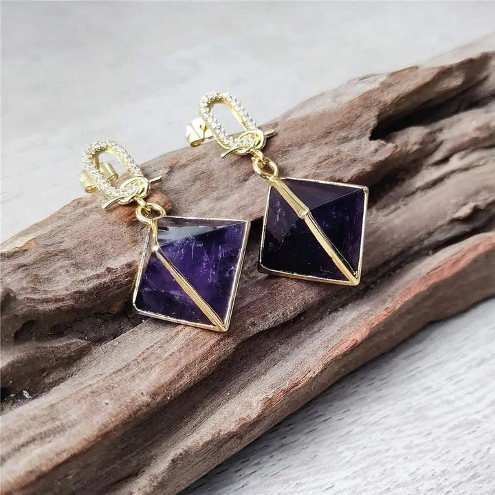 Amethyst Crystal Octahedral Drop Earrings Gold Zircon. Genuine purple amethyst, gold-plated, for peace and intuition.