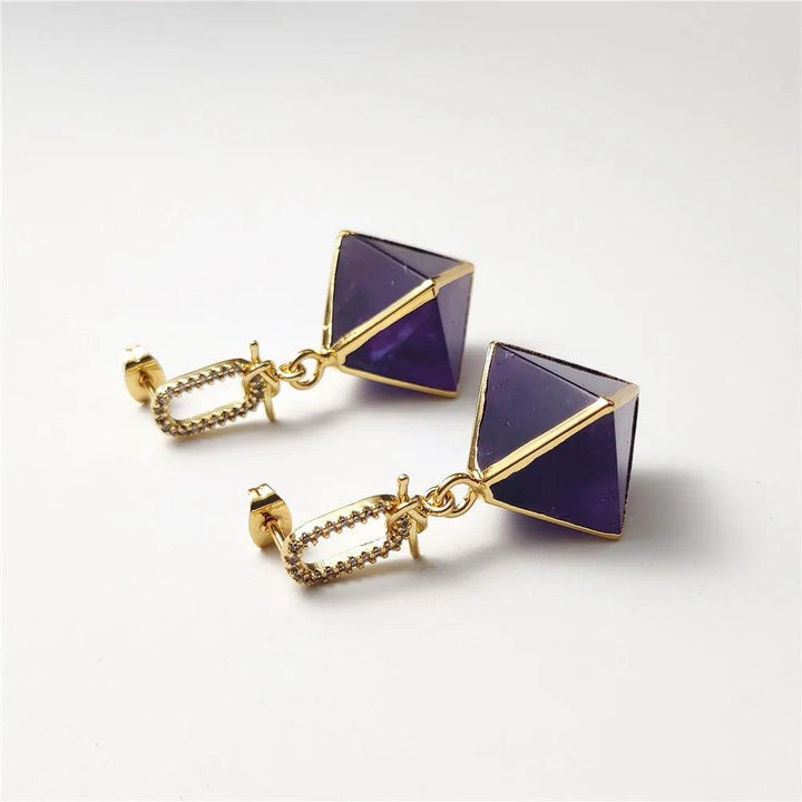 Amethyst Crystal Octahedral Drop Earrings Gold Zircon. Genuine purple amethyst, gold-plated, for intuition and tranquility.